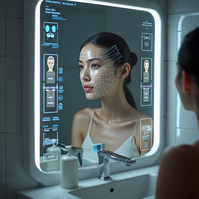 A high-tech mirror with glowing displays for skin analysis and virtual makeup previews of a person, framed by a clean and futuristic bathroom design.