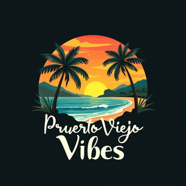 Create a modern and vibrant tropical logo that captures the essence of "Puerto Viejo Vibes" brand.
The design features a sunset over the ocean, with warm gradients of orange and yellow blending into the sky.
In the foreground, a silhouette of a gently curving palm tree frames the scene, adding depth. 
Cool blues and teals form the ocean waves, while distant hills are shaded with lush, deep greens.
The typography should be clean, complementing the smooth curves of the landscape and natural elements. Use a black background to provide contrast and make the bright, tropical colors pop, evoking a lively beach atmosphere with an artistic touch.
The logotype words are: 'Puerto Viejo Vibes' in one single line, without any other text before, after, above or below.