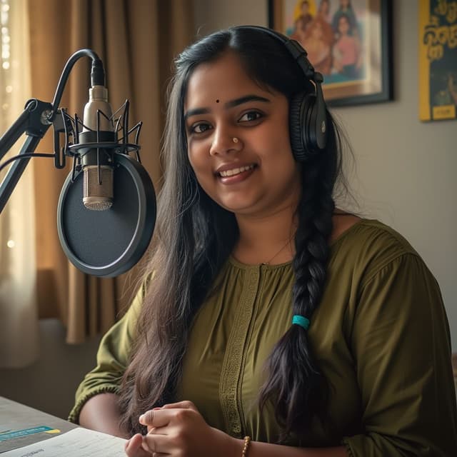 A Young chubby 20 yo telugu girl that can recorded a Podcast in studio like speaking on mic , olive kurthi, she has long hair, (give me its side pose), dark skin, at home, things around, kurtain, window, braid