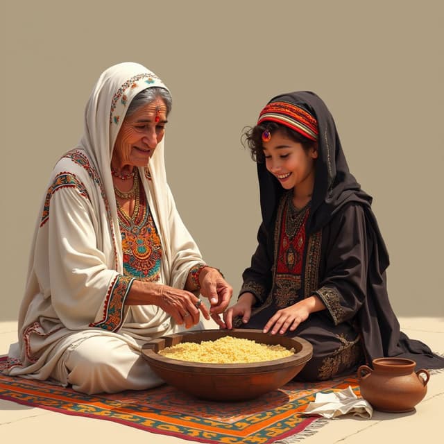 Design an ultra realistic vector art illustration of a slightly smiling traditional Amazigh grandmother and her ten years old smiling granddaughter sitting on the ground, making couscous together. The grandmother, wearing white Amazigh clothing with red and orange and green and blue details and many traditional Amazigh jewelry on her face and hands and neck and on her forehead and with not covered grey hair, is actively preparing couscous with her hands in a single very big flat and ancient simplified flat wooden container with amazigh details all around the container on a round brown traditional wooden table with four short legs and a white big napkin on it falling from the sides of the table and a big amazigh traditional colorful rectangular carpet. Beside her, very close to her, her dark brown hair granddaughter dressed in a traditional amazigh black clothes with just golden details and light Amazigh jewelry on her face and her hand is holding a traditional mudd jar of water with traditional amazigh details all around the jar, is helping in a playful yet respectful manner. The couscous in the container is depicted in vivid detail, highlighting its texture and richness, but with minimal additional elements around it.
Design an ultra realistic vector art illustration of a slightly smiling traditional Amazigh grandmother and her ten years old smiling granddaughter sitting on the ground, making couscous together. The grandmother, wearing white Amazigh clothing with orange and green and blue big and small details and many traditional Amazigh jewelry on her wrists and with grey hair and a red and black striped cover on her head with black threads on the limits of it, is actively preparing couscous with her hands in a single very big flat and ancient simplified flat wooden container with amazigh details all around the container on a round brown traditional wooden table with four short legs and a white big napkin on it falling from the sides of the table and a big amazigh traditional colorful rectangular carpet. Beside her, very close to her, her dark brown hair granddaughter dressed in a traditional amazigh black clothes with intricate golden details and light Amazigh jewelry on her face and her hand is holding a traditional mudd jar of water with traditional amazigh details all around the jar, is helping in a playful yet respectful manner. The couscous in the container is depicted in vivid detail, highlighting its texture and richness, but with minimal additional elements around it.
Design an ultra realistic vector art illustration of a slightly smiling traditional Amazigh grandmother and her ten years old smiling granddaughter sitting on the ground, making couscous together. The grandmother, wearing white Amazigh clothing with orange and green and blue big and small details and many traditional Amazigh jewelry on her wrists and with grey hair and a red and black striped cover on her head with black threads on the limits of it, is actively preparing couscous with her hands in a single very big flat and ancient simplified flat wooden container with amazigh details all around the container on a round brown traditional wooden table with four short legs and a white big napkin on it falling from the sides of the table and a big amazigh traditional colorful rectangular carpet. Beside her, very close to her, her dark brown hair granddaughter dressed in a traditional amazigh black clothes with intricate golden details and light Amazigh jewelry on her face and her hand is holding a traditional mudd jar of water with traditional amazigh details all around the jar, is helping in a playful yet respectful manner. The couscous in the container is depicted in vivid detail, highlighting its texture and richness, but with minimal additional elements around it.
The background features a warm interior traditional amazigh house. Incorporate subtle Amazigh cultural elements, such as traditional amazigh carpets and big and small pottery, within the scene, instead of a wall in the background, show a green grass landscape with mountains and a bit of snow on the mounts with a blue shinny sky and some clouds. The color palette should include vibrant red, yellow, and blue tones and details, complementing bright earthy tones to create a balanced and inviting composition with sunshine. The design should focus equally on the figures, the table, and the food, conveying a mood of warmth, tradition, and familial joy, blending playful and joyful interactions between the grandmother and granddaughter.