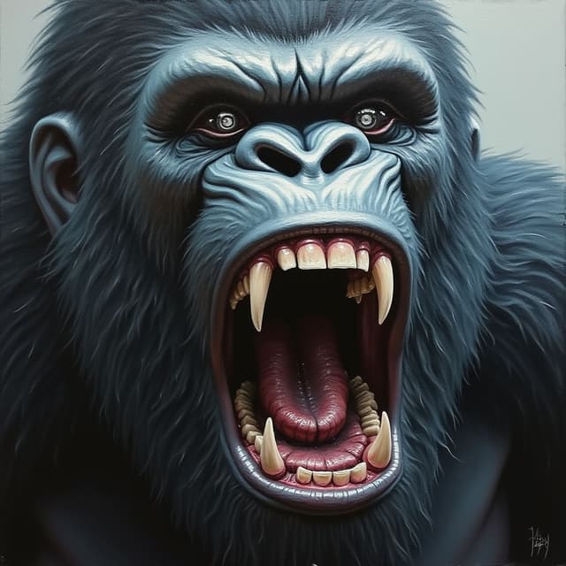 Close up oil painting of a screaming Bigfoot face with silver eyes.
