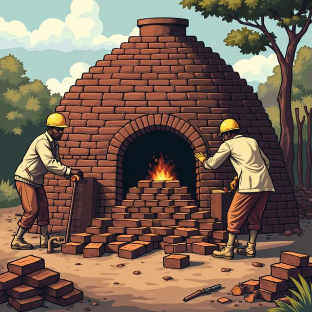 Illustrate a scene of burnt brick unloading or de-harking from a traditional brick kiln. The bricks should appear darkened or burnt, having just completed the firing process. Workers (african, equipped with basic tools such as gloves,helment, coat, gun boot  and metal hooks, should be in the process of unloading the still-hot bricks from the kiln. The bricks are being carefully removed from the kiln's base, and some are stacked in neat piles nearby. The scene should also include the remnants of burnt wood or fuel used for firing, scattered around the base of the kiln. Surround the setting with a rural landscape, with trees and simple tools visible, creating an atmosphere of manual labor in a traditional brick-making process