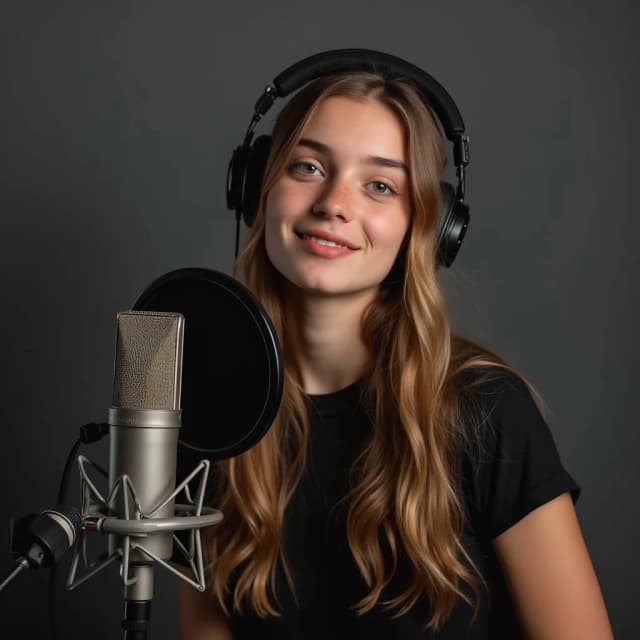 A Young girl age 25 that can recorded a Podcast in studio like speaking on mic and also there background dark gray but having some different key light in there studio (give me its right side pose) generate like she talk with someone on there front