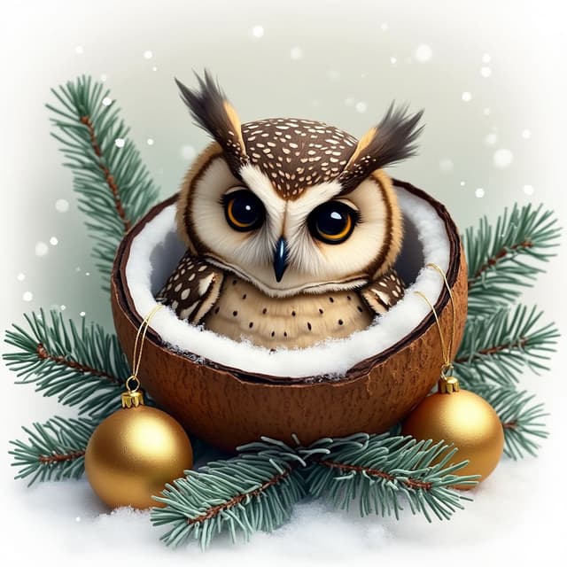 This image features a cute owl nestled in a coconut shell, surrounded by snowy pine needles and golden ornaments.