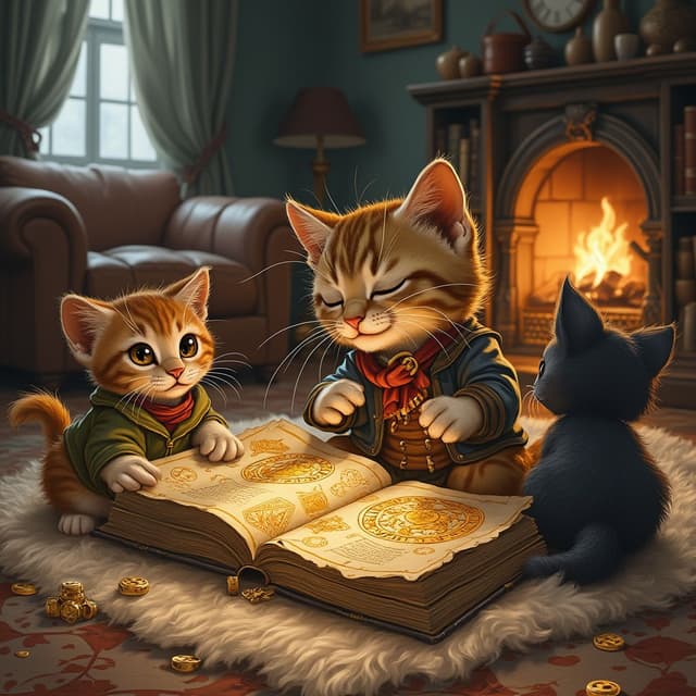 A cozy living room with soft lighting, a fireplace crackling in the background. Three kittens are sitting on a fluffy rug. Whiskers (the goofy kitten) is holding an old book, excitedly flipping through pages with pictures of golden treasures and mysterious symbols. Mittens is reading a map and adjusting her glasses, while Shadow looks bored, laying on a sofa.
