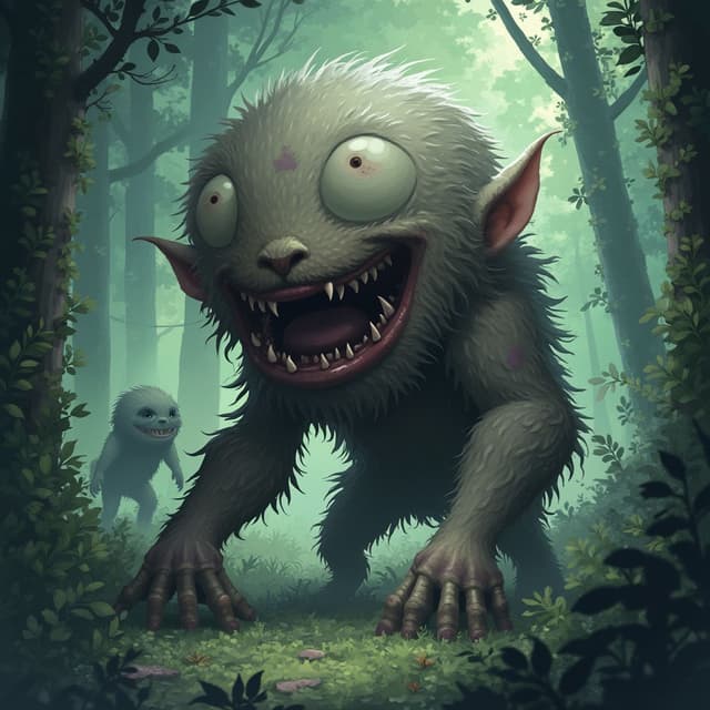 The image is a digital illustration of a creature in a forest. The creature appears to be a troll or a monster, with a large, round head and sharp teeth. Its eyes are wide open and its mouth is slightly open, revealing sharp teeth and sharp fangs. Its body is covered in fur and its arms and legs are stretched out in front of it. In the background, there are trees and foliage, and another creature can be seen in the distance. The overall mood of the image is eerie and menacing.
