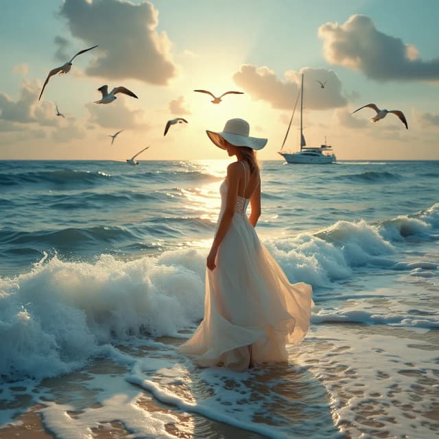 Elegant woman stands the sea , masterpiece, best quality, sea, yacht on the horizon, young woman, solo, standing in the surf, wearing a long white dress with a skirt fluttering in the wind, elegant sunhat, foamy surf, summer, sunrise, sun path on the water, soft light, seagulls circling, wave rolling in,  ultra realistic.