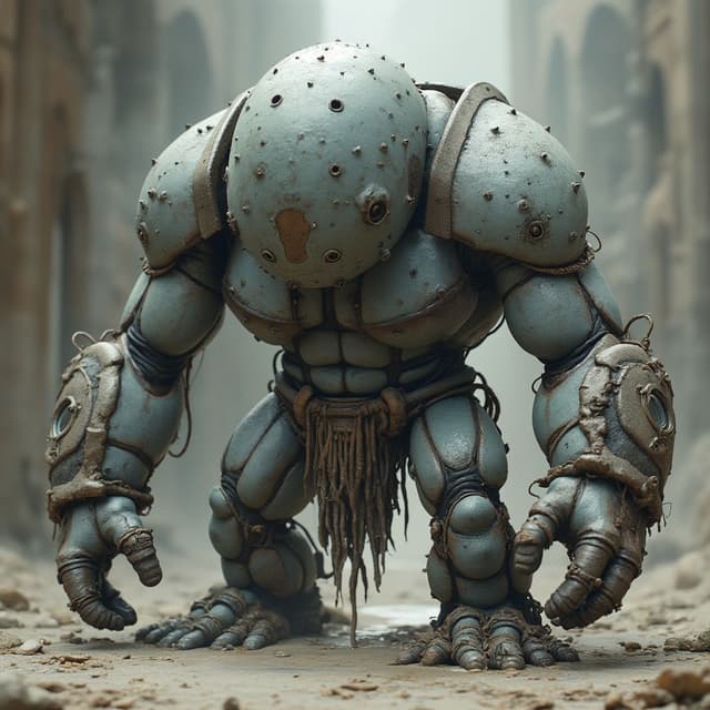 crea a un golem plateado molesto con brazos largos que llegan al suelo