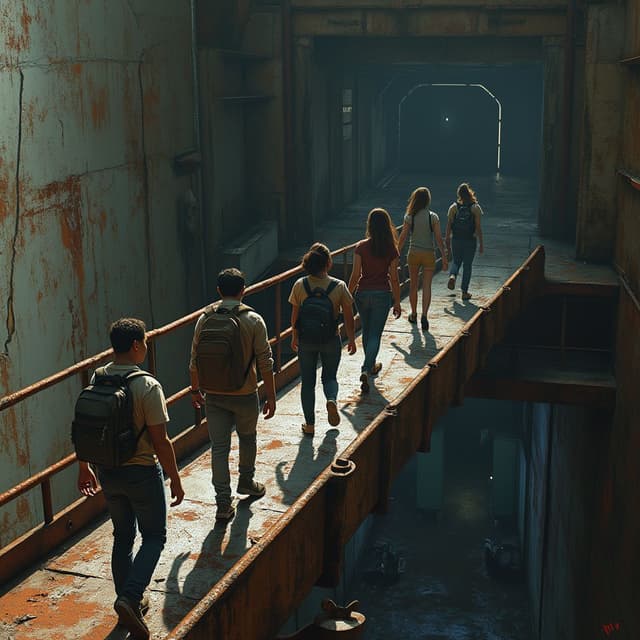 Visualize the five characters (Mateo, Sofia, Lara, Diego, and Maria) climbing a rusty, precarious loading ramp leading to the abandoned cruise ship. The ramp should be at a steep, awkward angle, with warped, creaking metal, suggesting imminent collapse. Each character should be positioned to show their distinctive personality: Mateo in front, camera in hand, Lara cautiously, Diego with a reckless grin, Sofia gripping the railing with visible anxiety, and Maria surveying the surroundings. Lighting should be harsh and clinical, casting long, distorted shadows that seem to move independently of the characters. The background should be a dark, yawning entrance to the ship, with barely visible hints of abandonment – torn safety signs, broken railings, a sense of something waiting beyond the light. Use a hyperrealistic style that captures every texture of rust, metal fatigue, and human tension, with a cool metallic color palette and deep, disturbing shadows.