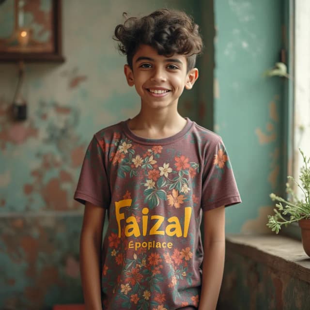 I boy wear a beautiful t shirt says Faizal in letters