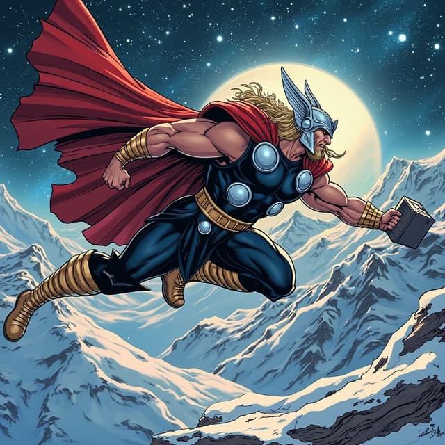 Comic book illustration of Thor holding his hammer, flying through the sky, in the style of Alex Ross, a comic book art style is flying over the surface of a snowy mountain planet, background features stars and galaxies. --ar 1:2 --personalize 2gwf1qc --stylize 750 --v 6.1