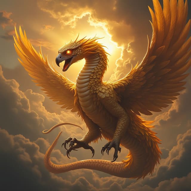 A mythical hybrid of an eagle and a serpent, called the 'Skyfang.' This creature has the body of a snake, covered in golden feathers that shimmer like sunlight, with massive eagle wings extending from its sides. Its head is an intricate blend of a serpent's sharp fangs and an eagle’s fierce beak, with glowing amber eyes that pierce through the skies. The Skyfang coils in mid-air, its powerful wings stirring up a whirlwind. The background is a fiery sunset with storm clouds swirling, symbolizing the union of air and earth into a strange and majestic being.