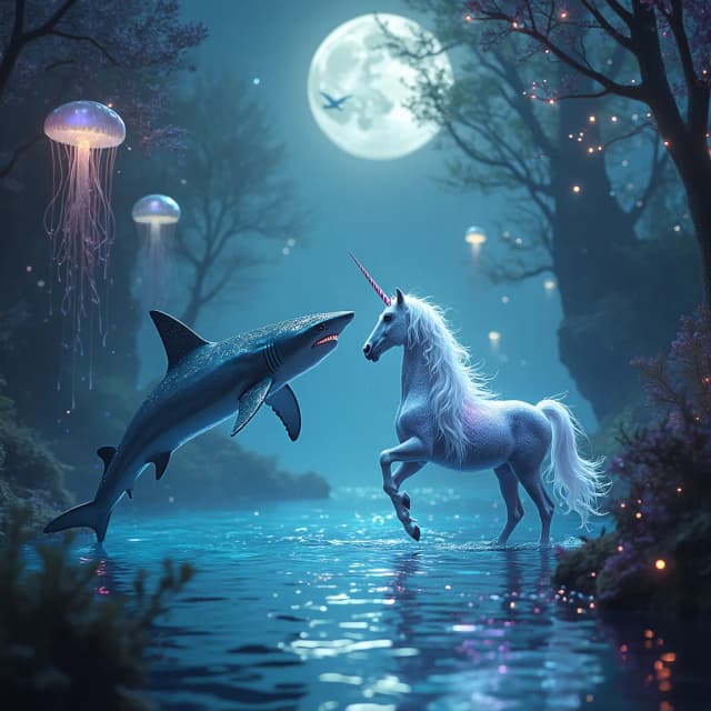 A mesmerizing encounter between a Shark and a Unicorn in a fantastical setting. The Shark, levitating gracefully, has sleek, metallic scales glinting under the glow of bioluminescent light, while the Unicorn, with a radiant spiral horn and a flowing, celestial mane, stands on a surface of crystalline water. The location is a hybrid world: one side is an ethereal underwater kingdom with floating coral structures and luminous jellyfish drifting upwards, and the other is a mystical forest of towering, iridescent trees with glowing roots extending into the water. The atmosphere is bathed in a blend of moonlight and bioluminescence, as the Shark and Unicorn meet at the boundary, facing each other in an intense, almost magical standoff. The scene feels alive with mystery and wonder.