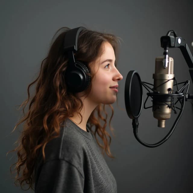 A Young girl age 25 that can recorded a Podcast in studio like speaking on mic and also there background dark gray but having some different key light in there studio (give me its  side pose)