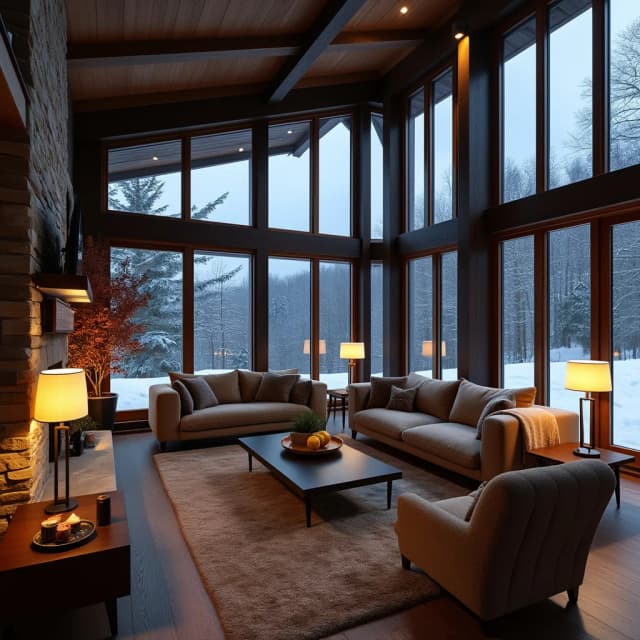 Living room
A double-height ceiling living room with a large, floor-to-ceiling window on one side log cabin. Outside is a dark snow-covered landscape. The living area is furnished with plush, contemporary sofas and chairs in neutral tones, grouped around a low, central coffee table. The room's color palette is composed of dark brown and warm tones, with the soft lighting from various lamps adding a cozy ambiance.