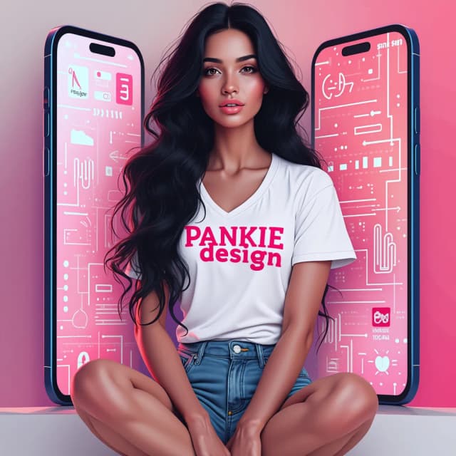 Different view of a woman with long, wavy black hair, wearing a white short-sleeved v-neck t-shirt featuring bold pink letters 'PankieDesign' and denim shorts. She sits confidently in front of an oversized smartphone screen that dominates the composition. The screen displays dynamic digital design elements, hinting at her role as a creative digital online media designer. The background is minimalistic with a vibrant gradient or subtle digital motifs (such as circuit patterns or abstract brush strokes) that emphasize a modern, tech-inspired aesthetic. The overall style is contemporary and clean, with bold typography and vivid accents that reflect creativity and energy. The focus is solely on her upper body, hands, and the smartphone, ensuring a crisp and engaging composition perfect for a fan page cover."
This prompt emphasizes a modern, dynamic look with clear visual cues to her creative profession while keeping the design simple enough to allow for easy background removal if needed.