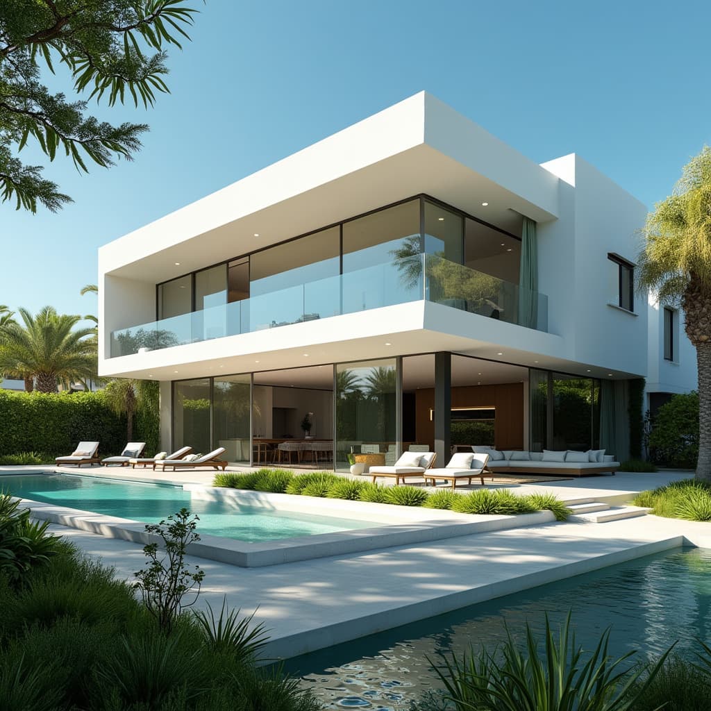 A beautiful modern house in Spain with large, white plastic windows, viewed from the outside. The house features sleek, minimalist architecture with clean lines and a contemporary design. The exterior walls are in shades of white and neutral tones, blending perfectly with the lush green landscaping that surrounds the house. The windows are prominent and reflective, allowing a glimpse of the bright, airy interior. The scene is set under a clear blue Mediterranean sky, creating a bright and inviting atmosphere.