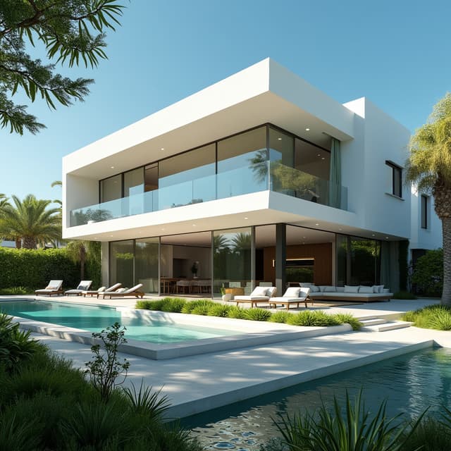 A beautiful modern house in Spain with large, white plastic windows, viewed from the outside. The house features sleek, minimalist architecture with clean lines and a contemporary design. The exterior walls are in shades of white and neutral tones, blending perfectly with the lush green landscaping that surrounds the house. The windows are prominent and reflective, allowing a glimpse of the bright, airy interior. The scene is set under a clear blue Mediterranean sky, creating a bright and inviting atmosphere.