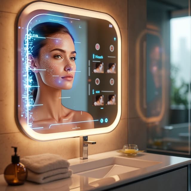 A sleek, high-tech AI mirror glows softly, showcasing vibrant skin health analysis on one side, while the other reflects virtual makeup styles. Set in a modern, minimalist bathroom, warm lighting enhances its futuristic allure.