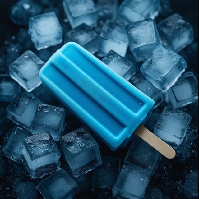 The image is a close-up of a popsicle on a bed of ice cubes. The popsicle is a bright blue color and appears to be freshly made. The ice cubes are scattered around the popsicle, creating a textured surface. The background is dark, making the blue color of the ice cubes stand out even more. The image is taken from a top-down perspective, looking down on the ice. The overall mood of the image is dark and mysterious.