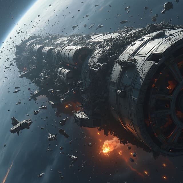 A massive space station floats in ruins, its structure torn apart by a recent space battle. Jagged debris drifts around it, with the faint glow of fires burning in the oxygen pockets within the wreckage. Twisted metal frames and shattered glass panels reflect the distant light of a nearby star, while the remnants of defense turrets lie scattered and silent."