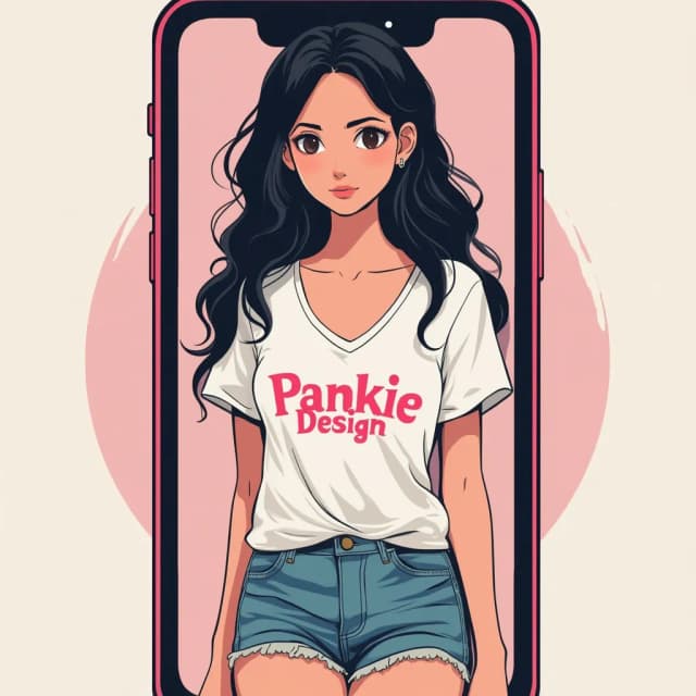 Create a minimalistic, vector-style logo featuring a stylized illustration of a woman with long, wavy black hair. She wears a white short-sleeved V-neck t-shirt emblazoned with bold pink letters 'PankieDesign' and denim shorts. The design shows her in a simplified, iconic form, positioned in front of an oversized smartphone screen that symbolizes digital creativity. The overall composition is clean and modern, with flat design elements and clear, bold lines, making it ideal for a fan page cover logo. The background should be simple or transparent to ensure the logo stands out, anime realistic.