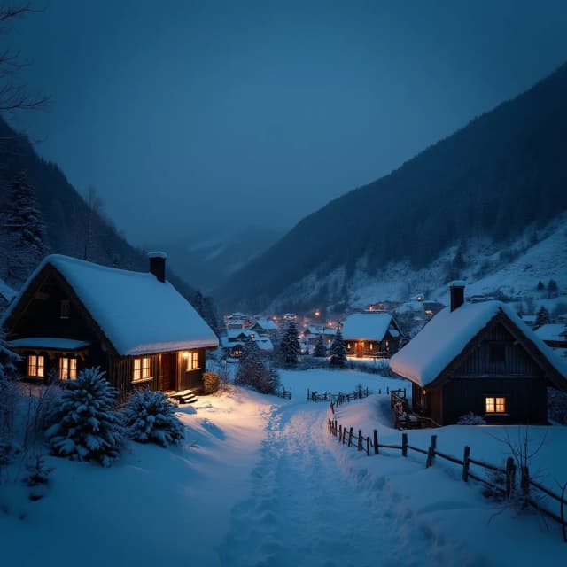 A serene winter night scene in a mountainous region, where traditional thatched-roof houses are blanketed in snow. The warm glow of lights from the windows suggests a cozy atmosphere inside, contrasting with the cold blue tones of the snow-covered landscape. The darkness of the night sky and the surrounding environment accentuates the illumination of the houses. There's a hint of human presence in this secluded area, as evidenced by the lights and the well-trodden paths in the snow.