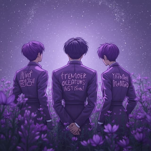 Purple ocean kings bts
Giving their back to the screen. Purple pic, authestic purple, purple ocean kings written on it 
Wild flower band written on it