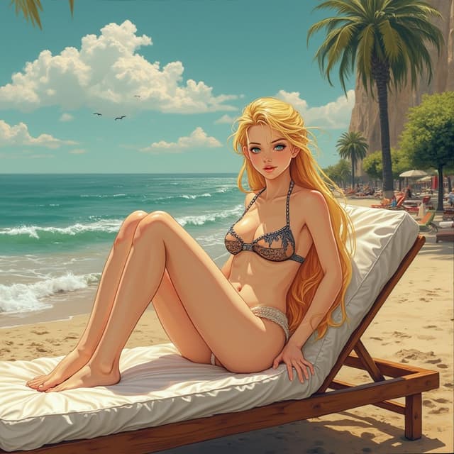 Beautiful young blonde woman, long hair longe legs, big breast sitting on the sunbed in Spain seaside, kushina Uzumaki, Good Athena.
