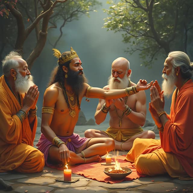 (Visual: Hanuman interrupts the meditations of great Rishis, playfully tugging at their beards and disturbing their Yagnas.)