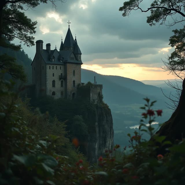 ultra sharp cinematic photo closeup of romantically overgrown castle yard of ((decayed)) mysterious small medieval ruins of wasigenstein high on a narrow sandstone rock inmidst dark forest hills at alsace, ((seen from within yard)), under a dramatically cloudy sky at dusk with last ray of sunshine from side, hyper detailed, prime lens, (((ultra sharp focus))), 8k, uhd, realistic, hdr low saturation