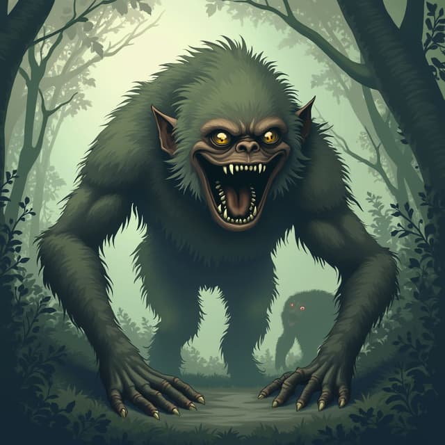 The image is a digital illustration of a creature in a forest. The creature appears to be a troll or a monster, with a large, round head and sharp teeth. Its eyes are wide open and its mouth is slightly open, revealing sharp teeth and sharp fangs. Its body is covered in fur and its arms and legs are stretched out in front of it. In the background, there are trees and foliage, and another creature can be seen in the distance. The overall mood of the image is eerie and menacing.