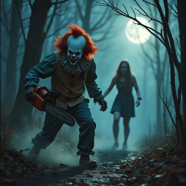 A menacing clown, grinning maliciously, wields a revving chainsaw, chasing a terrified woman through a dark, foggy forest. Shadows loom as moonlight filters through twisted trees, heightening the tension.