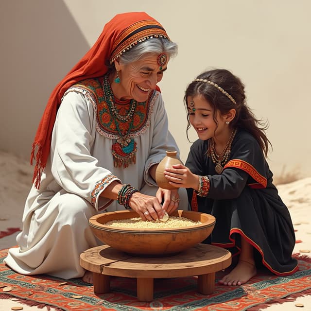 Design an ultra realistic vector art illustration of a slightly smiling traditional Amazigh grandmother and her ten years old smiling granddaughter sitting on the ground, making couscous together. The grandmother, wearing white Amazigh clothing with red and orange and green and blue details and many traditional Amazigh jewelry on her face and hands and neck and on her forehead and with not covered grey hair, is actively preparing couscous with her hands in a single very big flat and ancient simplified flat wooden container with amazigh details all around the container on a round brown traditional wooden table with four short legs and a white big napkin on it falling from the sides of the table and a big amazigh traditional colorful rectangular carpet. Beside her, very close to her, her dark brown hair granddaughter dressed in a traditional amazigh black clothes with intricate golden details and light Amazigh jewelry on her face and her hand is holding a traditional mudd jar of water with traditional amazigh details all around the jar, is helping in a playful yet respectful manner. The couscous in the container is depicted in vivid detail, highlighting its texture and richness, but with minimal additional elements around it.
Design an ultra realistic vector art illustration of a slightly smiling traditional Amazigh grandmother and her ten years old smiling granddaughter sitting on the ground, making couscous together. The grandmother, wearing white Amazigh clothing with orange and green and blue big and small details and many traditional Amazigh jewelry on her wrists and with grey hair and a red and black striped cover on her head with black threads on the limits of it, is actively preparing couscous with her hands in a single very big flat and ancient simplified flat wooden container with amazigh details all around the container on a round brown traditional wooden table with four short legs and a white big napkin on it falling from the sides of the table and a big amazigh traditional colorful rectangular carpet. Beside her, very close to her, her dark brown hair granddaughter dressed in a traditional amazigh black clothes with intricate golden details and light Amazigh jewelry on her face and her hand is holding a traditional mudd jar of water with traditional amazigh details all around the jar, is helping in a playful yet respectful manner. The couscous in the container is depicted in vivid detail, highlighting its texture and richness, but with minimal additional elements around it.
The background features a warm interior traditional amazigh house. Incorporate subtle Amazigh cultural elements, such as traditional amazigh carpets and big and small pottery, within the scene, instead of a wall in the background, show a green grass landscape with mountains and a bit of snow on the mounts with a blue shinny sky and some clouds. The color palette should include vibrant red, yellow, and blue tones and details, complementing bright earthy tones to create a balanced and inviting composition with sunshine. The design should focus equally on the figures, the table, and the food, conveying a mood of warmth, tradition, and familial joy, blending playful  and joyful interactions between the grandmother and granddaughter.