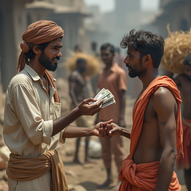 A highly detailed, photorealistic scene at a bustling construction or labor site in India. A young man, dressed in casual traditional attire, is handing over small, neatly folded currency notes to a worker. The worker is wearing simple, weathered clothing, representing a typical Indian laborer, with visible humility and gratitude on their face. The background features workers actively engaged in tasks, such as carrying baskets or materials, capturing the dynamic essence of an Indian labor setting. The setting should showcase earthy tones, raw textures, and the vivid vibrancy of a hardworking community. Ensure the cash is appropriately sized and clearly visible in the man's hand, while maintaining realism