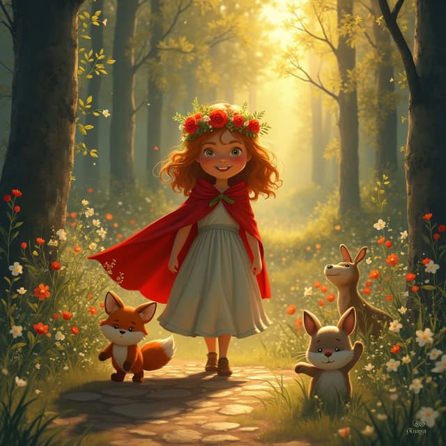 Ruby, with a crown of fresh flowers on her head, walks through the forest path on her way home. Animals she helped earlier, like the fox and the rabbit, wave at her cheerfully from the sidelines. Her red cape flows behind her as the golden evening light filters through the trees, creating a magical, storybook-like atmosphere. aspect ratio 16/9