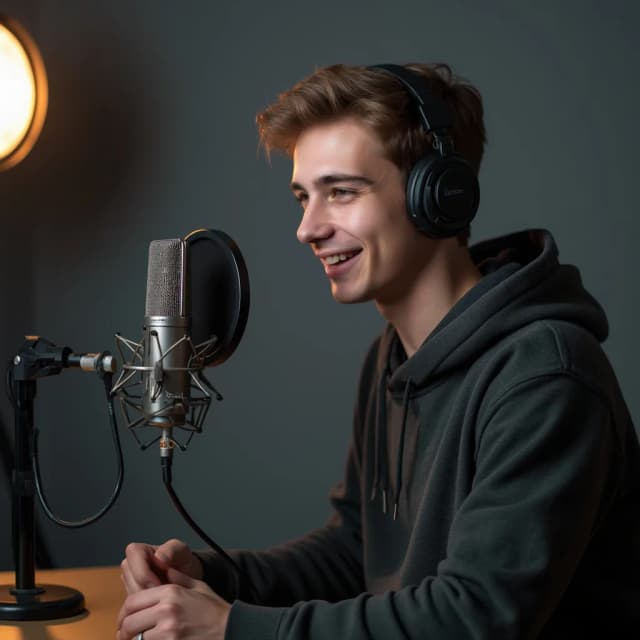 A Young man  that can recorded a Podcast in studio like speaking on mic and also there background dark gray but having some different key light in there studio (give me its side pose)