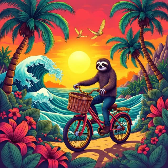 An intricate, vibrant tropical landscape at sunset, featuring bold swirling waves, colorful palm trees, and dynamic patterns of flora. A playful sloth rides a bicycle with a wicker basket in the foreground. Birds fly toward the glowing sun, casting warm light over the scene. The style is highly detailed, with psychedelic, whimsical elements, combining nature with surreal fantasy. Use a mix of bright reds, yellows, blues, greens, and oranges, giving the artwork a lively, cheerful, and dreamlike feel.
Format 9:16.