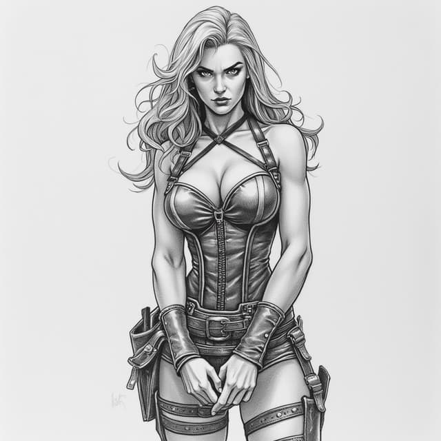 The image is a black and white pencil sketch of a female warrior, full body with shoes. She is standing with her body slightly turned to the side, with her hands clasped in front of her. She has long, flowing hair that is styled in loose waves and is wearing a corset-like outfit with a high neckline and straps. The outfit appears to be made of leather and has multiple pockets and straps on the sides. The woman has a fierce expression on her face and is looking directly at the camera.