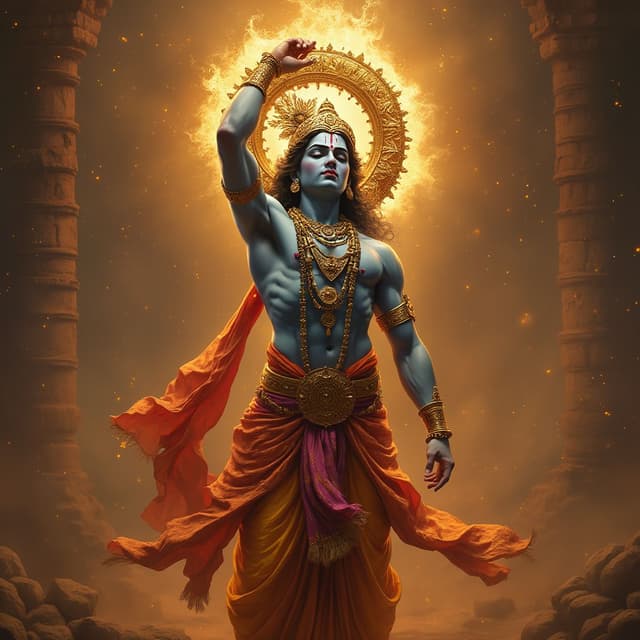 Krishna, majestic and radiant, holding the Sudarshan Chakra high, radiating power.
Subject: Each moment represents pivotal points in the Mahabharata story.
Scene: Highlight the grandeur and emotion of each scene with warm lighting and dramatic shadows.