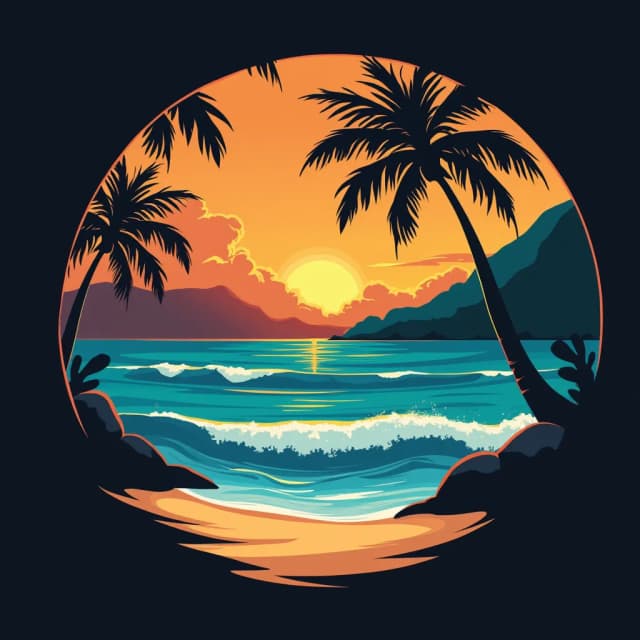 Create a modern and vibrant tropical logo that captures the essence of "Puerto Viejo Vibes" brand.
The design features a sunset over the ocean, with warm gradients of orange and yellow blending into the sky.
In the foreground, a silhouette of a gently curving palm tree frames the scene, adding depth. 
Cool blues and teals form the ocean waves, while distant hills are shaded with lush, deep greens.
The typography should be clean, complementing the smooth curves of the landscape and natural elements. Use a black background to provide contrast and make the bright, tropical colors pop, evoking a lively beach atmosphere with an artistic touch.
The logotype words are: 'Puerto Viejo Vibes' in o e single line, without any other text before, after, above or below.