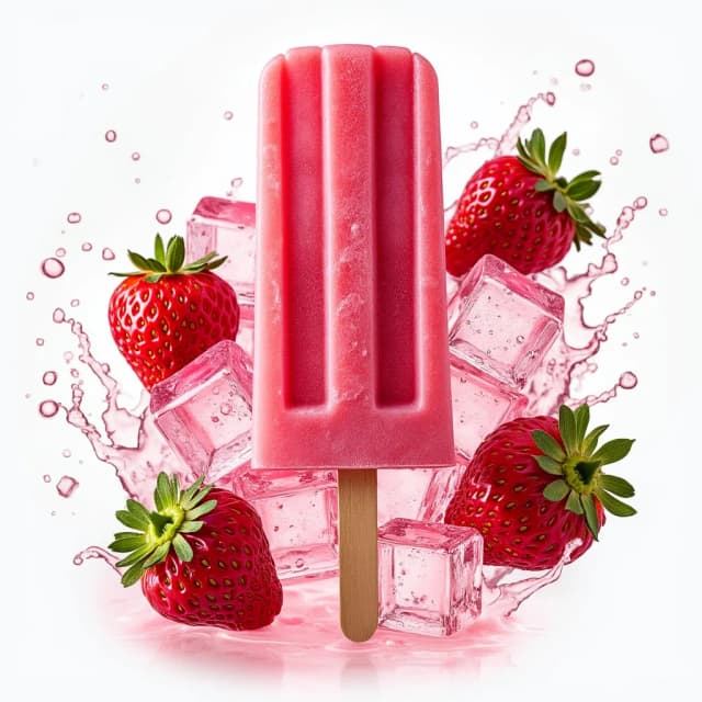 The image shows a pink popsicle with fresh strawberries on a wooden stick. The popsicle is in the center of the image and is filled with ice cubes. The strawberries are scattered around the popsicle, with some of them overlapping each other. The background is white, and there are splashes of water around the strawberry and ice cubes, creating a splash effect. The overall color scheme is bright and vibrant, with the red of the strawberry standing out against the white background.