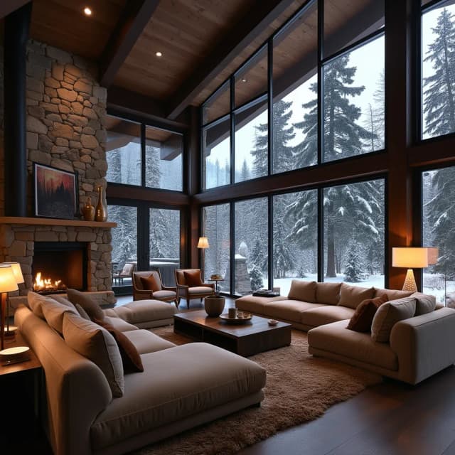 Living room
A double-height ceiling living room with a large, floor-to-ceiling window on one side log cabin. Outside is a dark snow-covered landscape. The living area is furnished with plush, contemporary sofas and chairs in neutral tones, grouped around a low, central coffee table. The room's color palette is composed of dark brown and warm tones, with the soft lighting from various lamps adding a cozy ambiance.