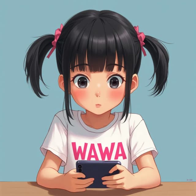 Digital artwork style, Anime realistic, realism style, Portrait of An 8-year-old girl, rosy-cheeked, with black hair in side ponytails (pink ties) and bangs, sits engrossed in a smartphone game.  She wears a white t-shirt with "WAWA" printed in bold pink letters.  Her expression is one of focused fun, her fingers actively tapping the screen.  Simple Blue background, front view, cute.