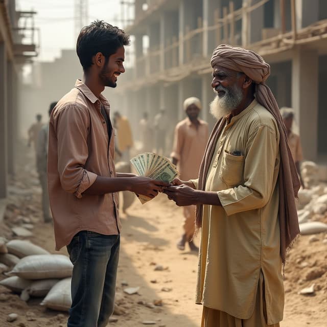 A realistic and lifelike image of a young adult wearing a casual shirt and jeans, holding a bundle of Indian currency notes while paying daily wages to a construction worker in friendly manner. The construction worker, an middle aged man in traditional attire such as a loose kurta and scarf around his head, accepts the money with a humble expression. The background depicts an active construction site, with workers carrying cement bags, scaffolding, and partially constructed buildings. The setting reflects a typical Indian construction site with earthy tones, dust in the air, and sunlight filtering through the scene. The mood captures a moment of gratitude and hard work, emphasizing the authenticity and simplicity of daily life at a construction site image ratio 9:16