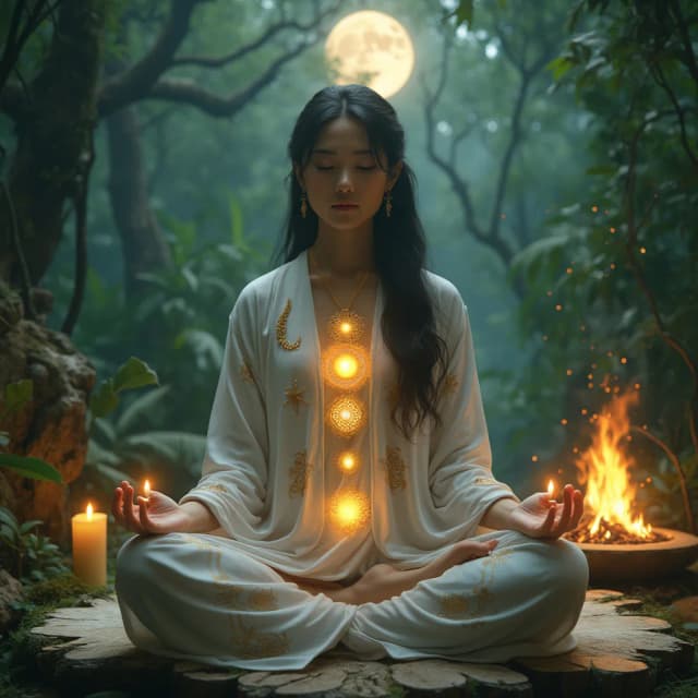 A stunning, hyper-realistic 8K Ultra HD digital artwork of a serene and ethereal Tibetan middle-aged beautiful woman, seated cross-legged in deep meditation within a mystical tropical green forest. She radiates six different soft chakras on her body, divine lights from her heart and body, exuding an aura of peace, wisdom, and spiritual enlightenment. Her delicate, intricately detailed facial features reflect profound inner tranquility. She wears a flowing white shiny velvet robe adorned with intricate golden patterns, symbolizing divine purity and sacred energy. Her detailed exposer of feet with fingres no missing or extra fingers of hands and feet. Her long, wavy black hair cascades gracefully over her shoulders, enhancing her celestial presence. On her right side flickering candles beside her cast a warm, golden glow, while on her left side outdoor round crackling fireplace, deepening the meditative ambiance and evoking introspection.
The background showcases an enchanting tropical green forest bathed in moonlight, with towering ancient trees whose leaves shimmer softly under the ethereal glow, and a waterfall. The full moon is right behind her head. Above her head, the divine round circle lights radiate warmth, merging harmoniously with the cosmic energy of the universe. Distant stars twinkle subtly through gaps in the canopy, adding an otherworldly touch. Her soft-skinned feet and delicate toes rest gently on the sacred forest floor, grounding her in the tranquil, mystical surroundings. The scene blends hyper-realism with dreamlike spirituality, evoking awe, peace, and a profound divine connection.
