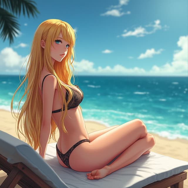 Beautiful young blonde woman, long hair longe legs, big breast sitting on the sunbed in Spain seaside, kushina Uzumaki.