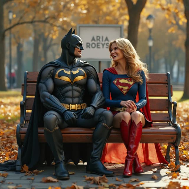 Photography 4D, extremely detailed and realistic of Two superheroes, Batman and Supergirl, sitting on a park bench, laughing. Batman is on the left, wearing a black and gold costume with a golden tiara, showcasing a vibrant color palette. Supergirl, on the right, sports a deep blue and red costume, which stands out against the light brown toned park bench. Both are wearing high boots, styled with intricate details. The setting is an autumn park, with fallen leaves scattered on the ground, creating a warm, earthy tone. The scene is bright, with natural lighting, and detailed, with an impressionistic aesthetic. The park includes trees and a light background. Focus on the joyful expressions on both characters' faces, highlighting the dynamic interaction between them. There is a sign elegant text "ARIA ROEYS" on big billboard behind.
