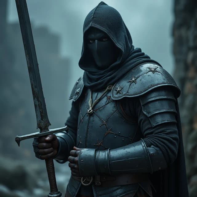 A dark medieval knight wearing a black hood over his head, obscuring most of his face except for intense, shadowed eyes. He is clad in rugged, dark armor with intricate, worn details, showing signs of many battles. In his hand, he holds a large, ancient sword with a slightly weathered blade. The background is misty and dim, perhaps in an eerie forest or near the ruins of a castle, with a cold, shadowy atmosphere. The lighting is low, with hints of moonlight reflecting on his armor, emphasizing his mysterious and ominous presence.
