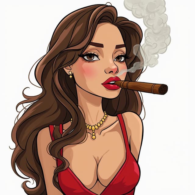a simple cartoon of a beautiful woman with brown hair smoking a cigar,white background, princesscore, I can't believe how beautiful this is --ar 1:2 --personalize 2gwf1qc --stylize 750 --v 6.1
